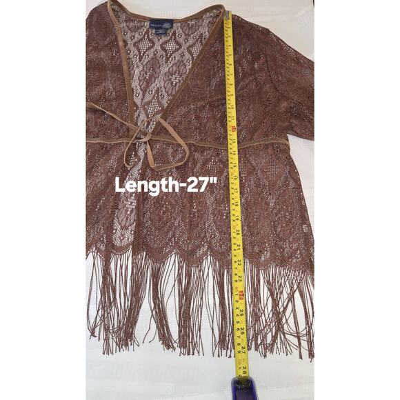 Vintage Lace Cardigan Kimono Top Sz 18/20 Medium Brown Fringe Boho Hippie USA - Picture 11 of 16